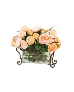 Peach and Champagne Roses in Rectangle Glass Planter with Metal Stand