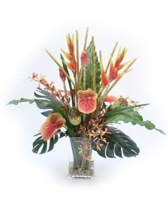 Waterlook® Heliconia, Antherium Tropical Mix in Rectangular Glass Vase
