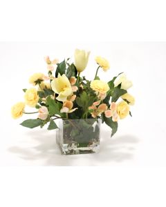 Waterlook® Soft Pink Dogwood, Cream Tulips, Ranunculus, Ivy in Square Glass