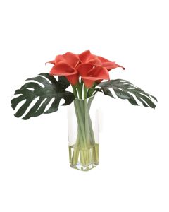 Waterlook® Rust Calla Lilies, Split Philo Leaves in Square Glass Vase