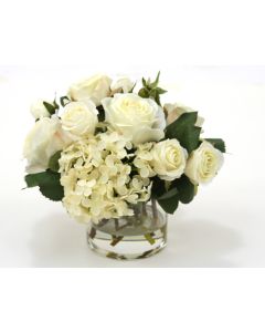 Waterlook® Cream-White Roses and Hydrangeas in Short Vase