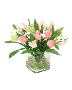 Spring Tulips Bundle with Snowballs in Small Square Vase