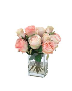 Waterlook® Cream Pink Roses and Rose Buds in Tall Glass Square