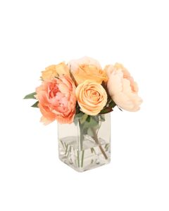 Waterlook® Peach Roses in Square Glass Vase