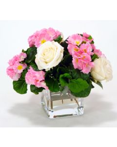 Waterlook® Pink Primrose with White Roses in Glass