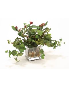Waterlook® Mixed Greenery, Burgundy-Green Berries in Glass Cube