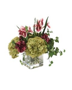 Waterlook® Plum Zinnias and Irises, Green Hydrangeas in Square Glass Vase
