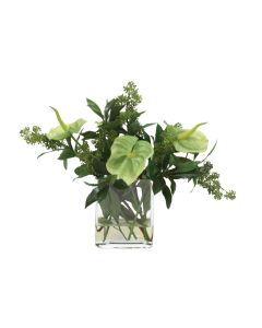 Waterlook® Green Antherium with Green Skimmia Berries in Rectangle Glass Vase