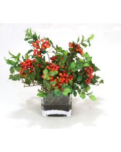 Waterlook® Red Wild Berries and Mountain Ivy in Square Glass Vase