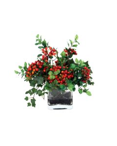 Waterlook® Red Wild Berries and Mountain Ivy in Square Glass Vase