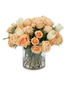 Waterlook® Peach Roses and Tulips in Clear Glass Vase