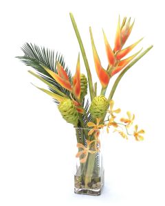 Waterlook® Dark Orange Helaconia and Green Honeycomb Protea in Tall Square Glass Vase