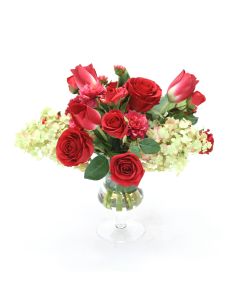 Waterlook® Red Roses, Tulips and Dahlias with Cream Green Hydrangeas in Clear Glass Urn
