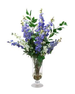 Blue and White Delphiniums in Glass Urn