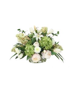 Mixed Cream Pink Peonies and Lilies, White Tulips, Green Hydrangeas in Oval Glass