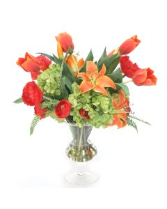 Mix of Poppies, Tulips, and Hydrangeas in Glass Vase