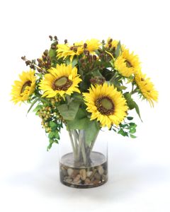 Sunflowers and Berries in Clear Glass Cylinder
