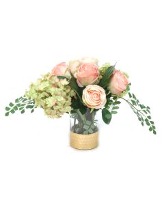 Green Rose Hydrangeas and Pink Champagne Roses with Maiden Hair Fern in Glass Cylinder Vase with Gold Rimmed Base