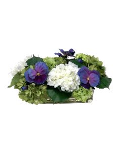 Hydrangrea Mix with Blue Pansies in Rectangle Vase