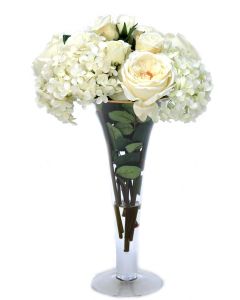 White Roses and Hydrangeas in Trumpet Vase