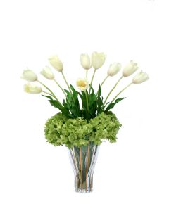 White Tulips and Green Hydrangeas in Fluted Rim Trimmed Glass Vase