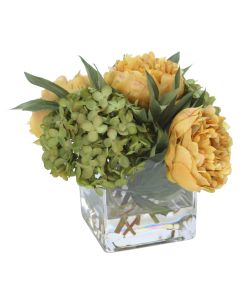 Green Hydrangea with Gold Peonies in Square Glass