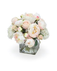 Cream White Hydrangea and Roses with Peonies in Glass Square