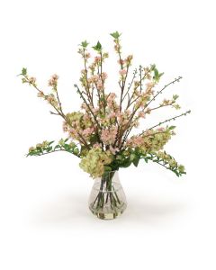 Pink Pear Blossom with Peegee Hydrangeas in Lg Rimmed Glass