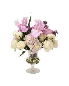 Cream White and Lavender Hydrangea with Lavender Iris' in Glass Urn