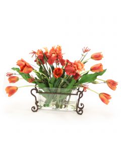 Orange Tulips with Iris in Rectangle Glass with Metal Holder