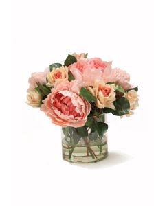 Peach Peonies with Peach Roses in Glass Cylinder
