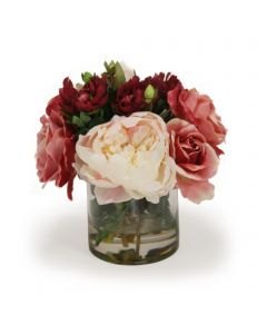 Burgundy Roses with Peonies in Round Cylinder