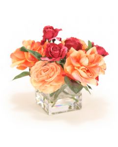 Peach and Burgundy Rose Mix in Glass