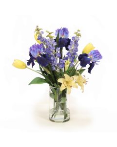 Spring Mix of Blue and Yellow Iris and Tulips in Glass Cylinder