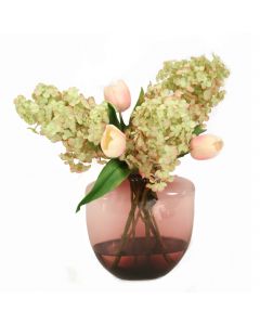Hydrangeas and Pink Tulips in Oregon Violet Vase
