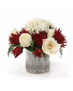 Red and White Garden Mix in Silver Vase