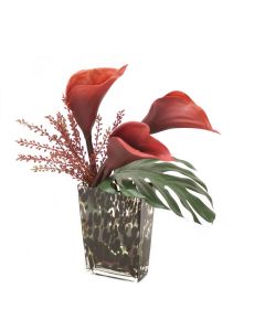 Rust Calla's with Split Philo Leaf and Seed Berries in Leopard Vase
