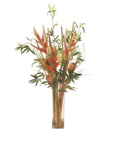 Heliconia and Protea with Bamboo Foliage in Tall Square Vase