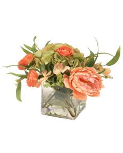 Green Brown Hydrangea with Peach Peony and Ranunculus in Square Glass