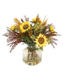 Wild Flowers Mixed with Sunflowers and Berries in Amber Smoke Vase