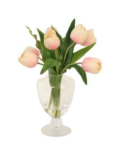 Pink Tulips in Glass Ball Stem Urn