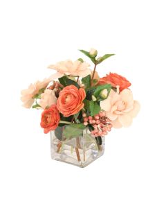 Gardenias Ranunculus and Berries in Square Glass Vase