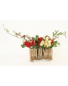 Burgundy Tulips with Celosia, Berry Stems and Cymbidium in Rectangular Vase Lined with Wood