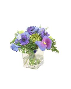 Blue Pansies with Mixed Garden Flowers in Square Glass Vase