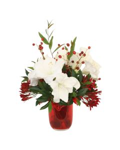 Red Tulip Vase with Agapanthus, Rosehips, Berries and Amaryllis