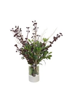 Brown Glittered Crown Stems Mixed with Greenery in Glass Vase