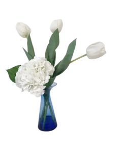 White Tulips, Hydrangeas in Blue Glass Vase