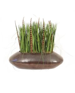 Blade Grass with Feathers in Oval Brass Planter