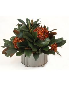 Magnolia Foliage with Rust Hydrangeas in Pewter Oval Planter