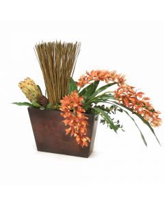 Rust Orchid with Protea and Reeds in Metal Wall Hanging